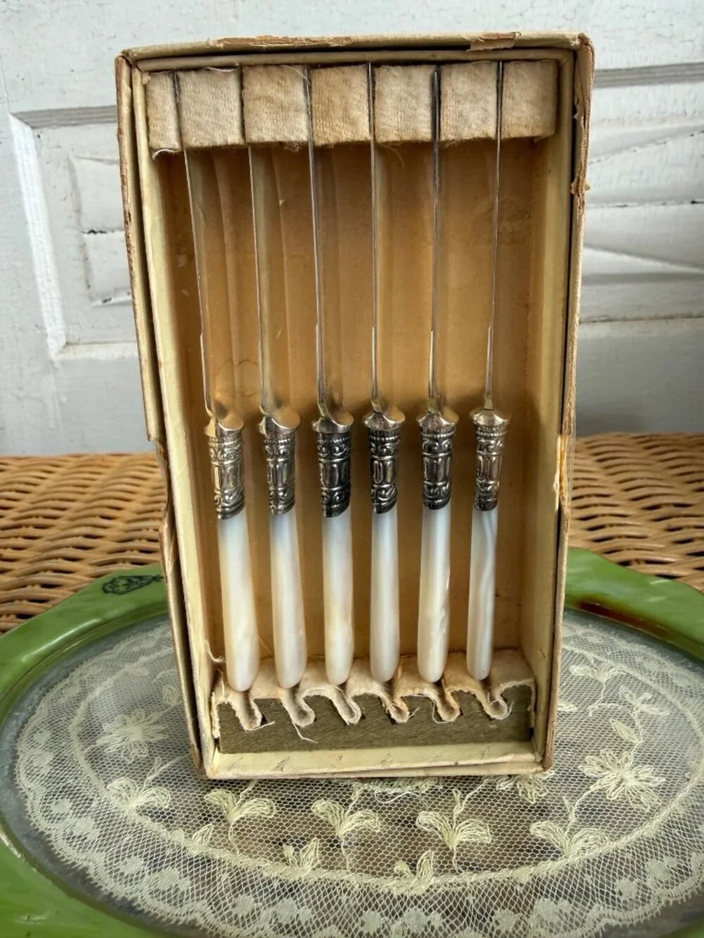 Antique 1910s Mother Of Pearl Fruit Knives Sterling Bands Boxed Set of 6